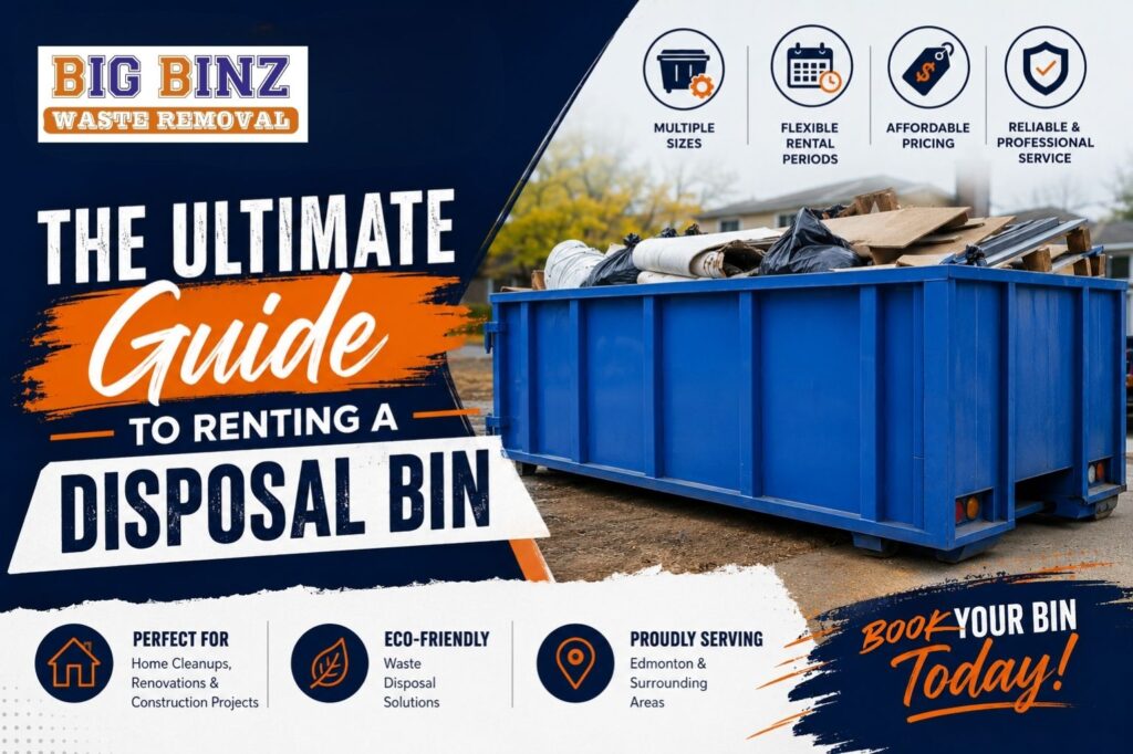 A heavy-duty steel disposal bin rental placed safely on protective wooden boards in a suburban Edmonton residential driveway